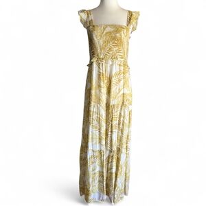 Nanette Lepore Yellow and White Palm Pattern Maxi Dress